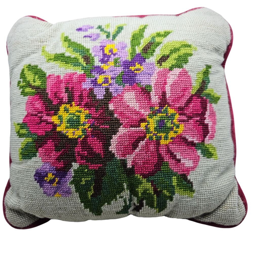 Vintage Floral Needlepoint Throw Pillow Velvet Back 11x11 Boho Cottagecore Pink